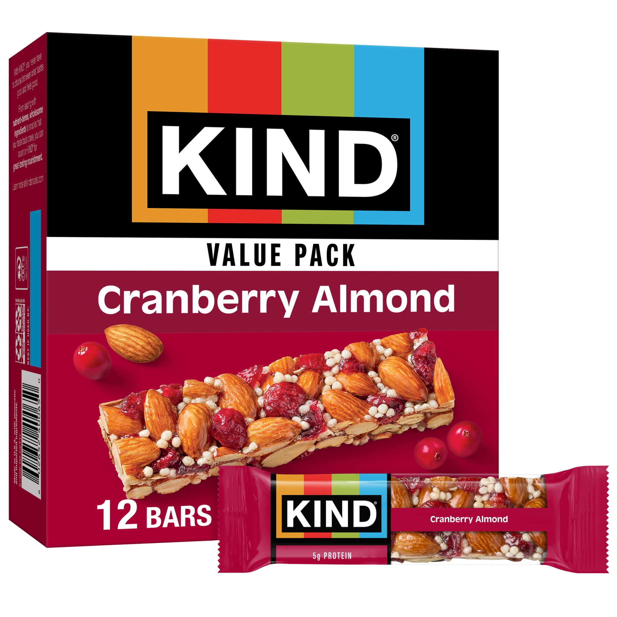 KIND Snack Bars, Cranberry Almond, Gluten Free, High Fiber, 1.4oz, 12 Count