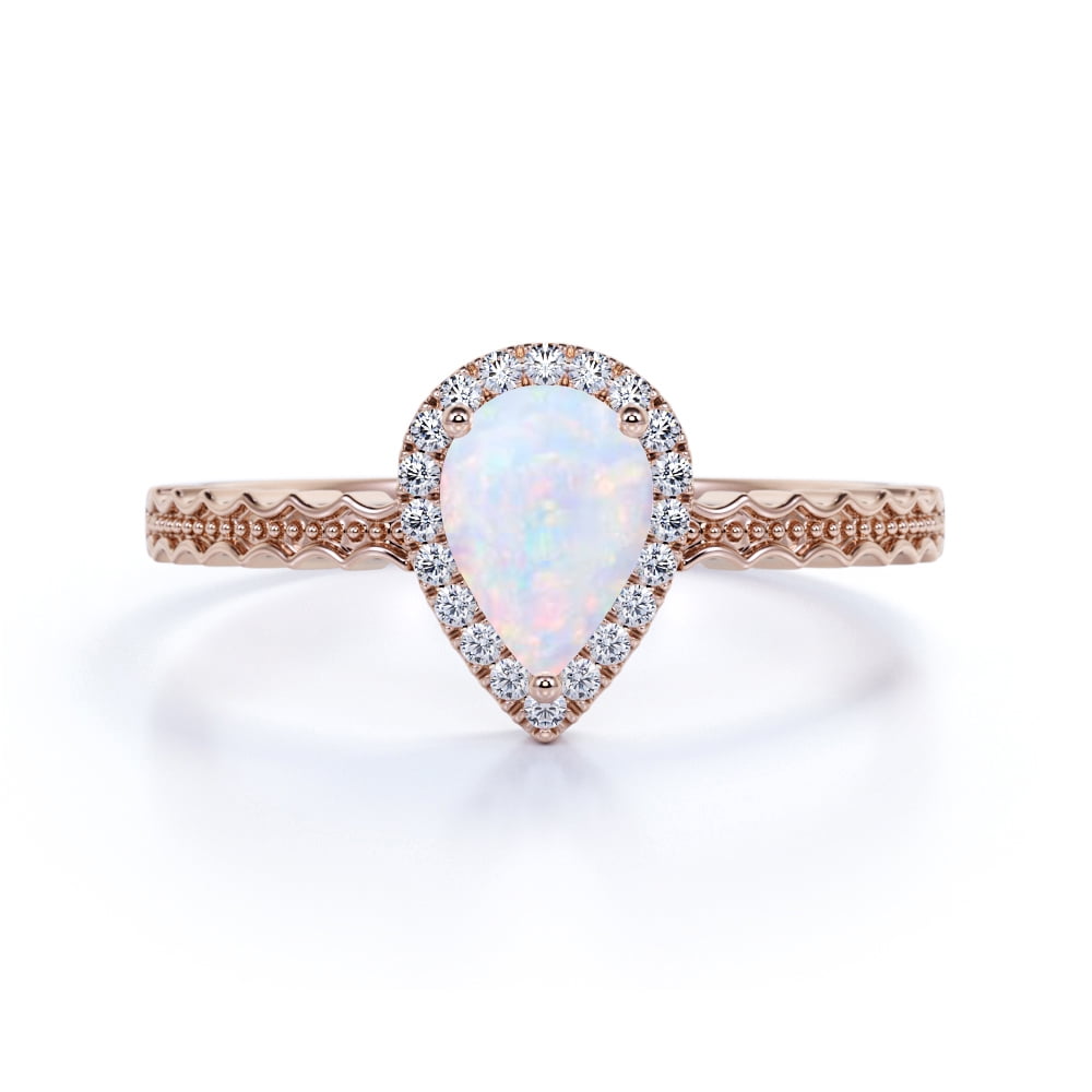 JeenMata Unique 1.25 ct Pear Shaped Opal and Moissanite Curved Engagement Ring in 18K Rose