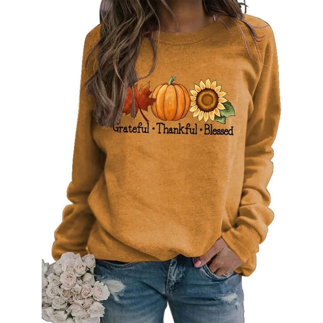 Chandail en Molleton Reconnaissant et Béni pour Femmes, Feuilles d'Automne Citrouille Tournesol Graphique Chandail en Molleton Col Rond Pull Tops
