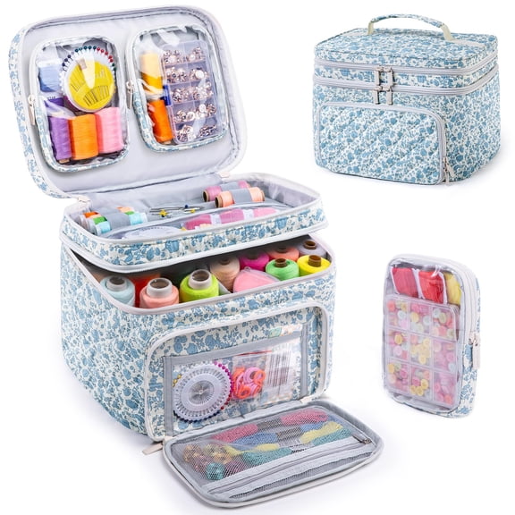 Double-layer Sewing Organizer Storage Bag Blue Flower with 2 Detachable Pouches