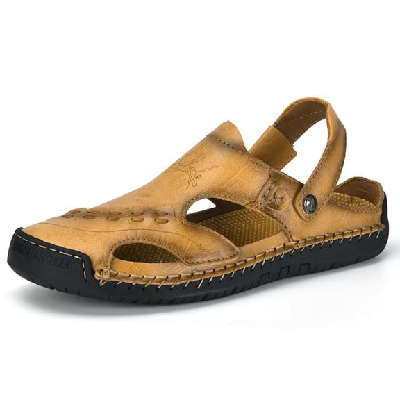 HAJWOH Mens Casual Orthopedic Leather Sandals Summer Beach Slipper Mens Comfort Outdoor Shoes Fashion Lightweight Trail Water Sandal Adjustable Gold 42