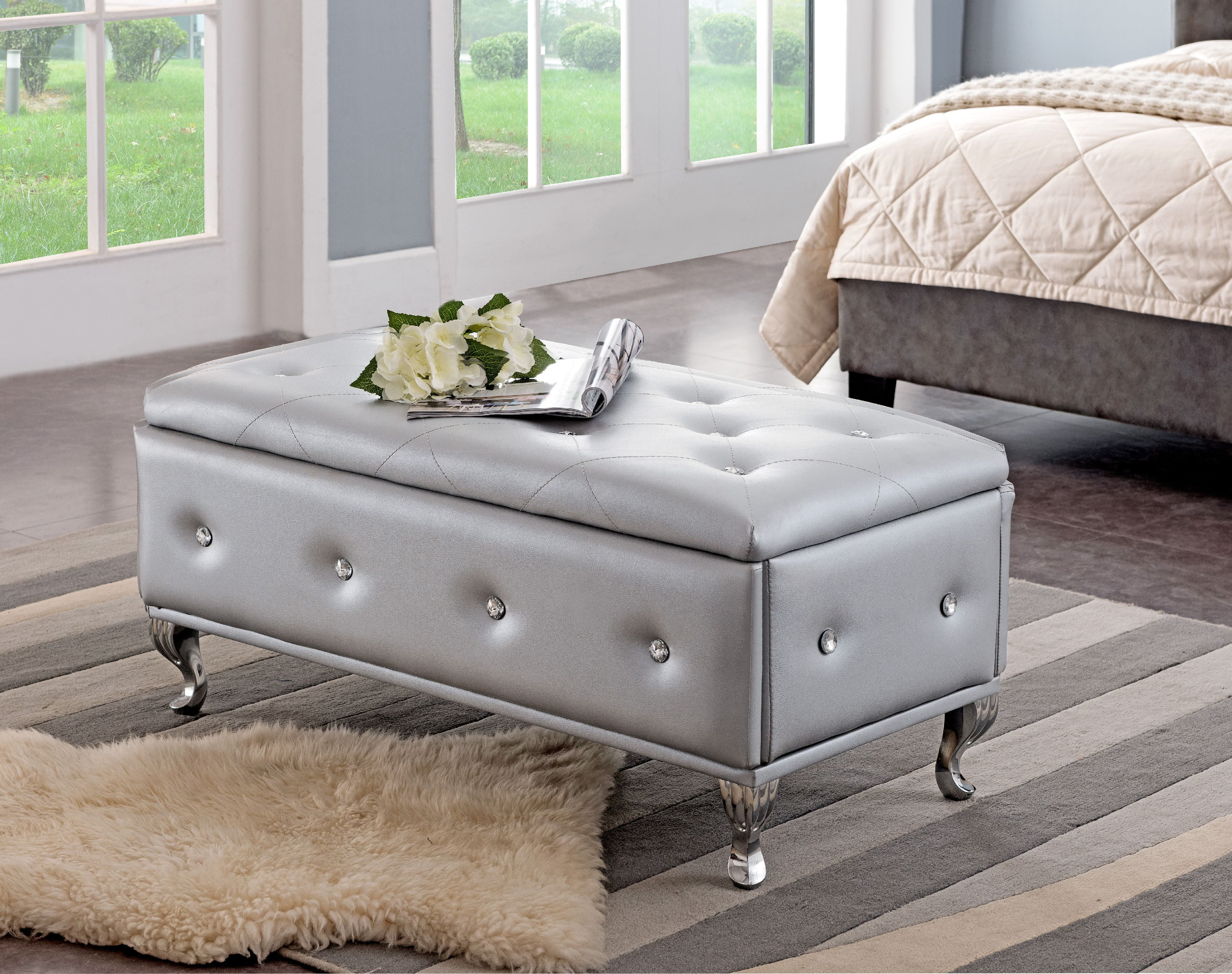 Jane Silver Upholstered Faux Leather, Leather Storage Ottoman Bench Tufted