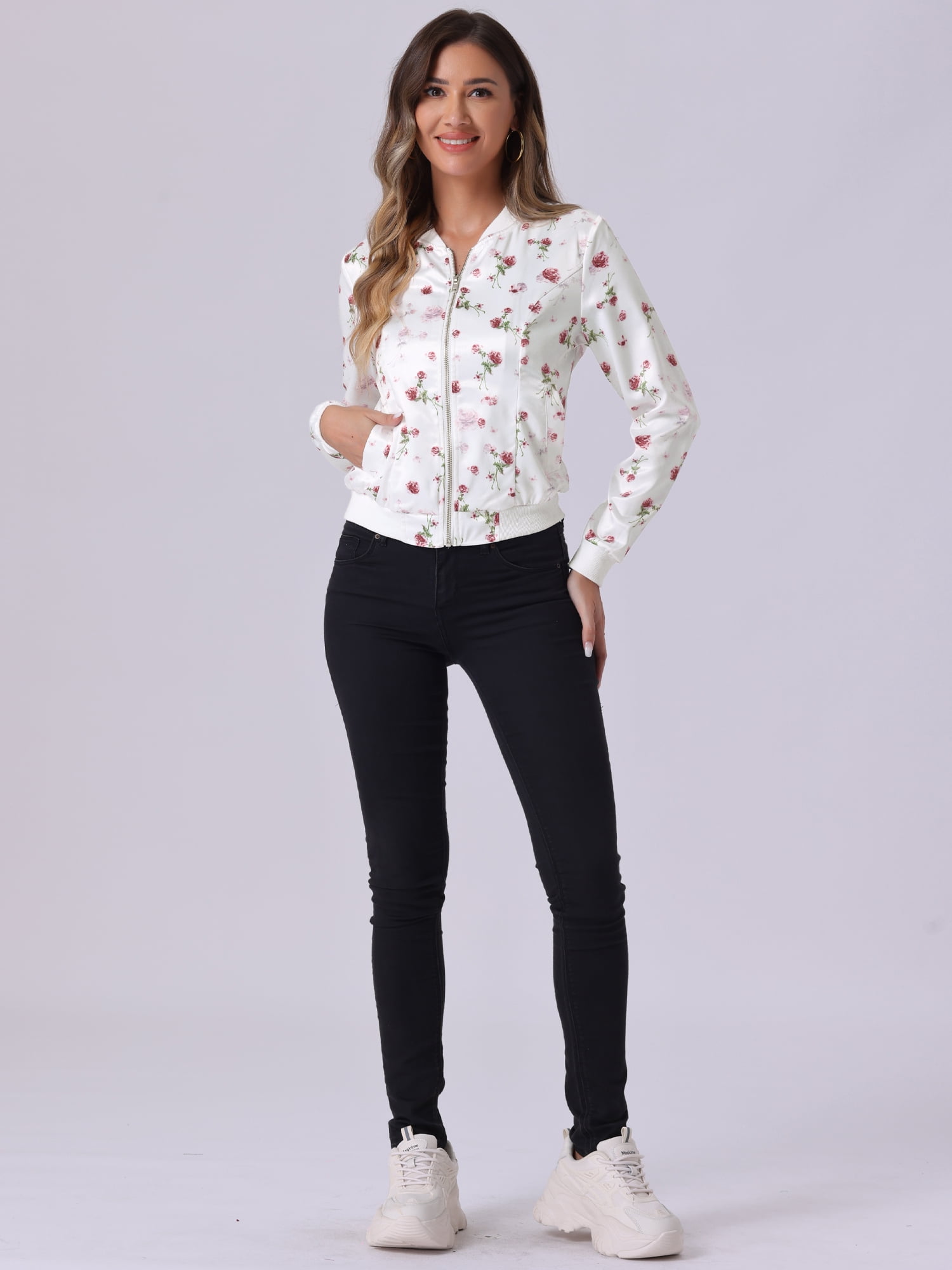 DARING DIVA Women's Stand Collar Front Zipper Satin Bomber Jacket M White Red