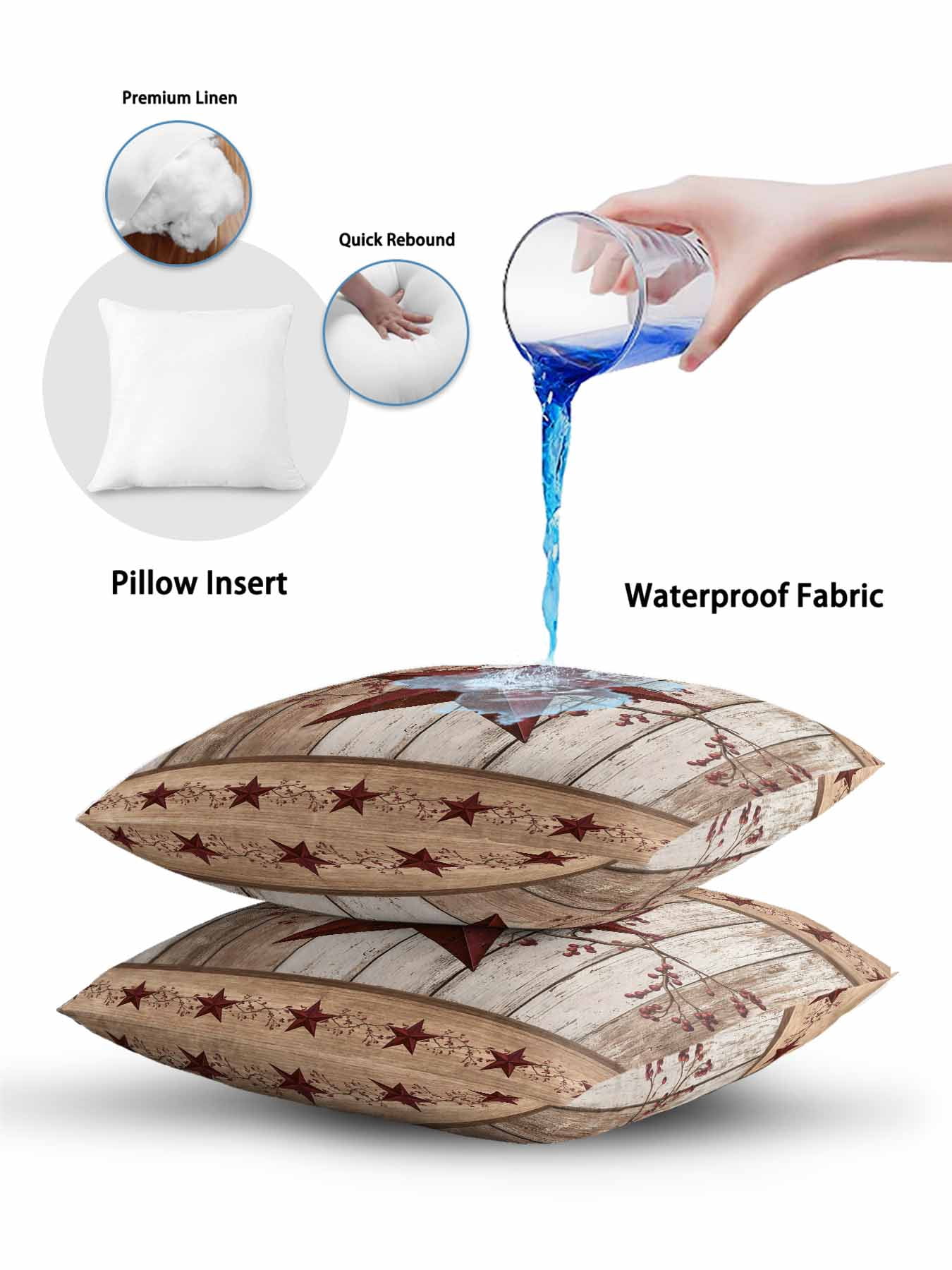 Outdoor Pillows Waterproof, Red Texas Star Vintage Bedding Throw Pillows with Insert for Couch Sofa Bed, Farmhouse Berry Brown Wooden 16x16 Inch Pillowcases Decorative Camping Patio Pillow Set of 1