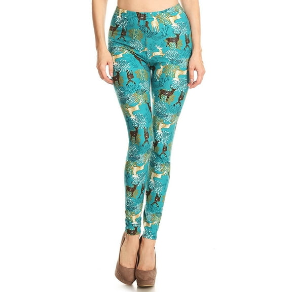 Womens Full Length Teal Holiday Reindeer Fashion Print Leggings