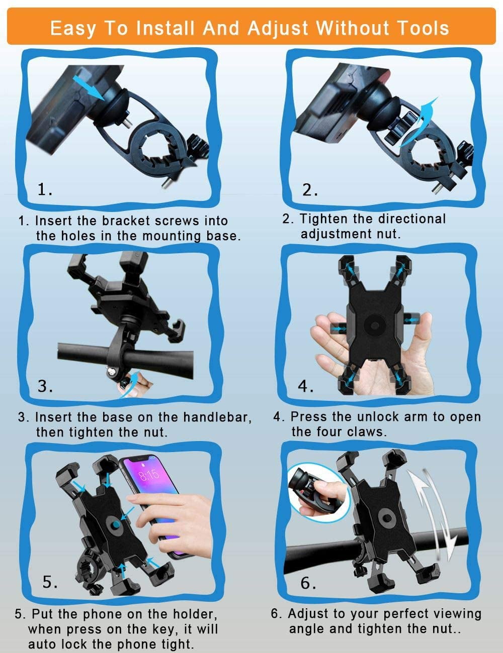 Tattom Phone Holder for Bike, Adjustable Bike Phone Mount Easy Install Scooter Phone Holder, Bicycles Cell Phone Holder Handlebar for 4.7-6.8 inch Black .