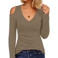 thumbnail image 6 of AKOEE Womens Long Sleeve Tops V Neck Cold Shoulder Soft Knit Base Sweater Slim Fit Trendy Going Out Clothes (XL, Khaki), 6 of 8