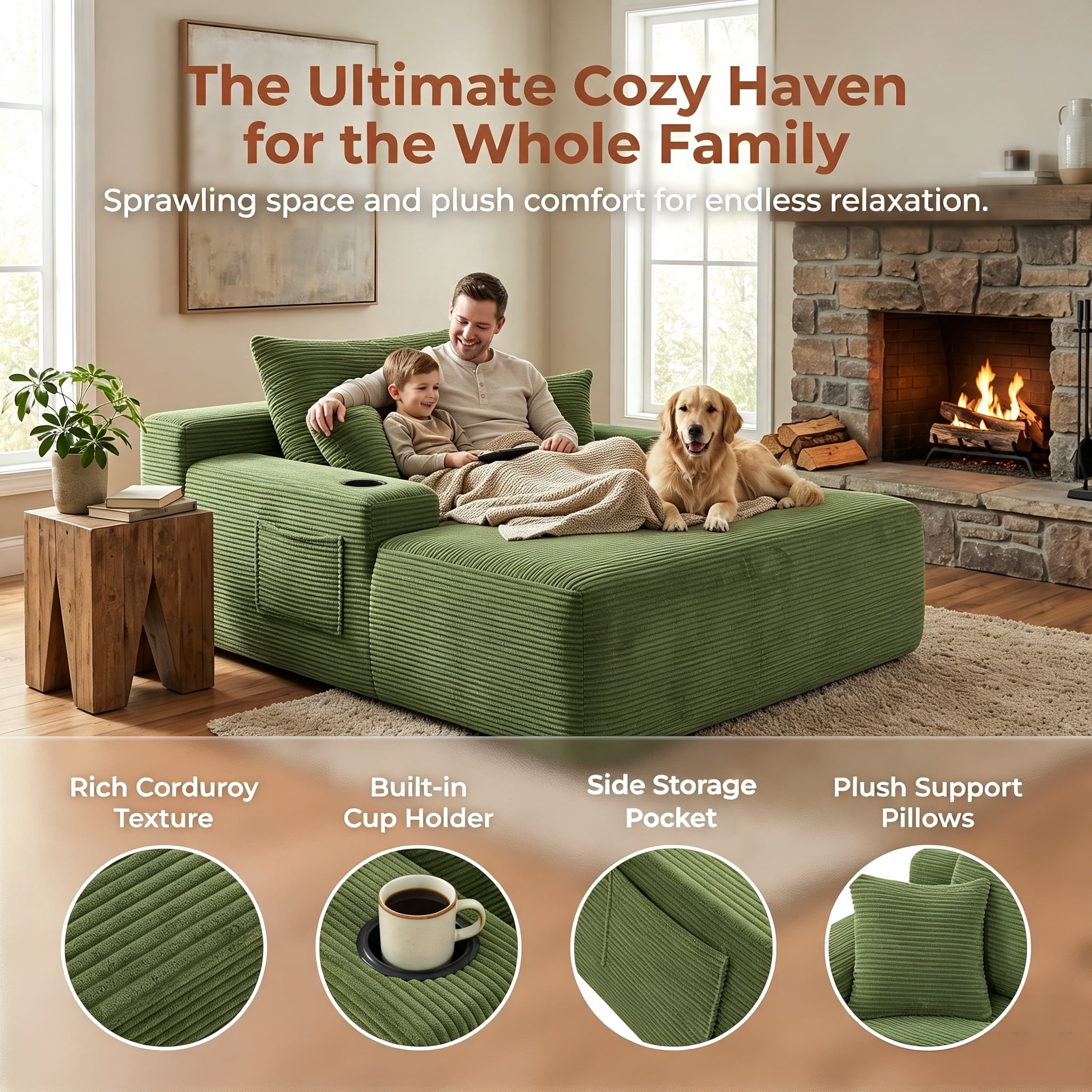 ShiKeyi 65'' Chaise Lounge Chair Indoor, Boneless Sofa Cloud, Plush Corduroy Chaise Couch with Cup Holders, Side Storage Pocket & Pillows, No Assembly Required, Green