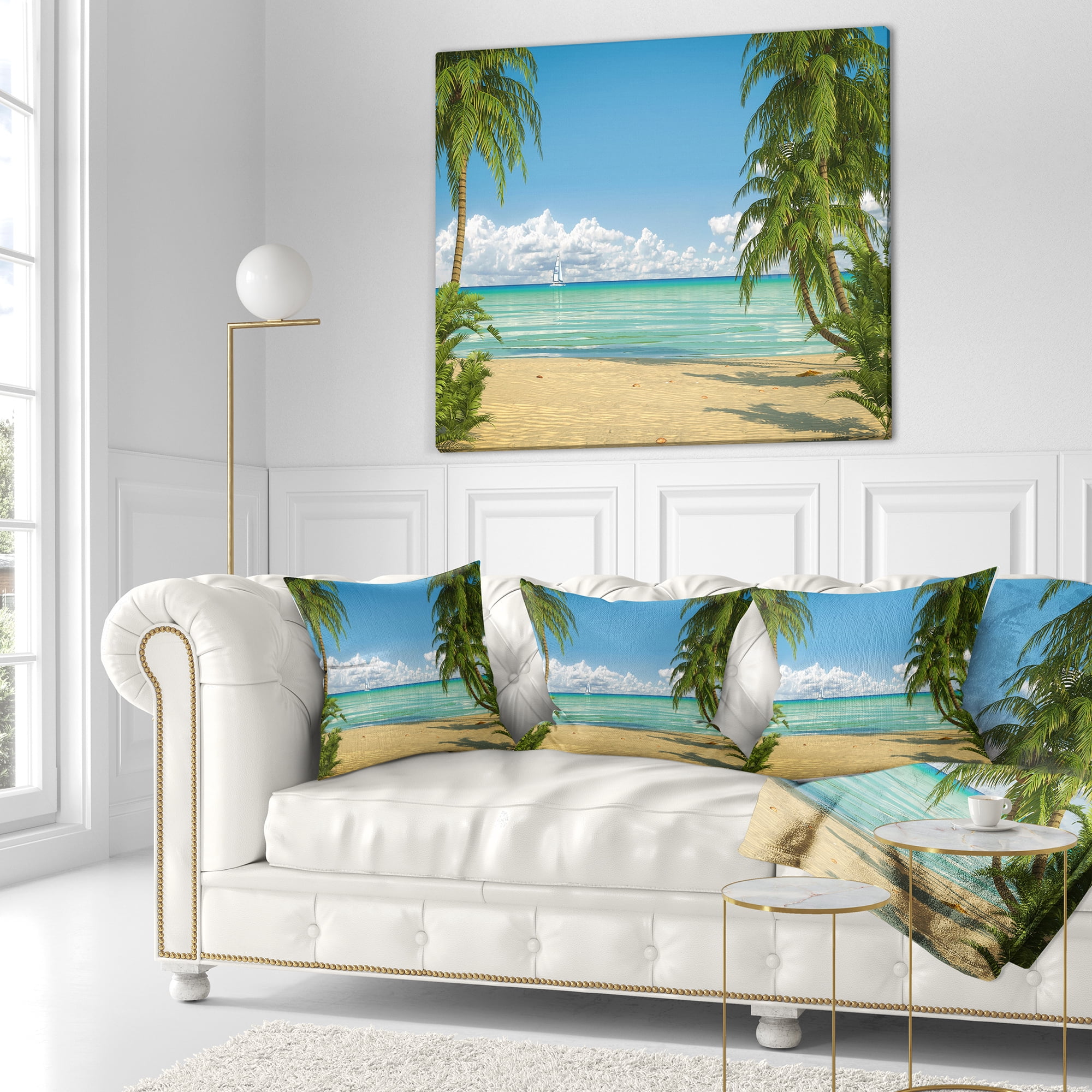 Designart Palms at Caribbean Beach - Seashore Photo Throw Pillow - 18x18