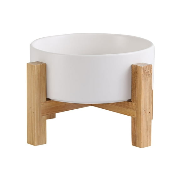 Lionwei Elevated Ceramic Cat & Dog Bowl with Non-Slip Wooden Stand for Pets, Solid