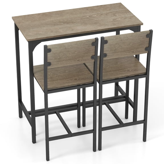Grey 3-Piece Bar Table And Chair Set With 2 Counter Height Stools For Small Kitchen Dining Nook