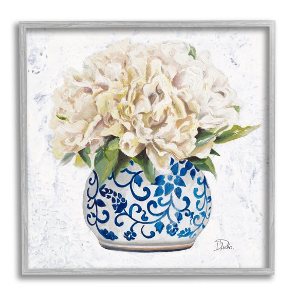 Stupell Industries Round White Floral Blooms Ornate Patterned Vase Painting Gray Framed Art Print Wall Art, Design by Patricia Pinto