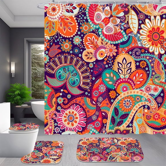 4 Pcs Boho Paisley Mandala Floral Shower Curtain Set with Rug Toilet Cover and Bath Mat for Bathroom