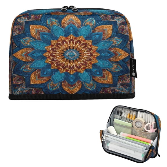 Standing Pencil Case with Base Large Capacity Stationery Pouch Pen Bag with Zipper for Women Men Intricate Geometric Shapes