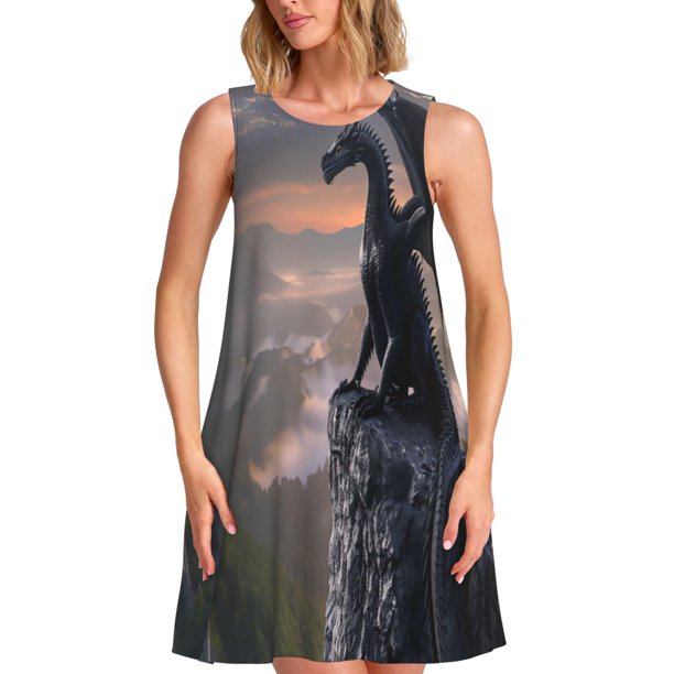 Fotbe Black Dragon Cliff Dawn Vestido de Verano sin Mangas para Mujer – Vestido Midi Línea A, Estilo Camiseta Floral, Vestido Playero Casual y Fluido