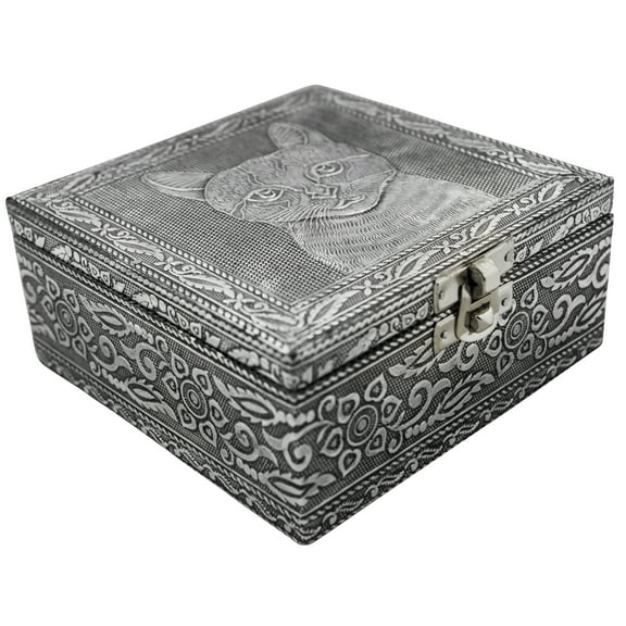 Elegant Jewelry Box with Metal Cladding and Soft Fabric Interior (Cat, Silver Finish)