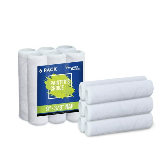Precision Defined Paint Roller Covers 9-Inch, Paint Roller Refills 6-Pack, Replacement Covers for Roller Brushes Set, Exterior Paint Roller Cover Set for Painting Walls, Smooth Rolling (3/8-Inch Nap)