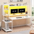 thumbnail image 3 of Gaming Desk, 60'' Gaming Desk with Hutch and LED Lights, Computer Desk with Storage Shelves, Large PC Gamer Desk with Display Cabinet, Monitor Stand, Power Outlet for Home Office, White, 3 of 16