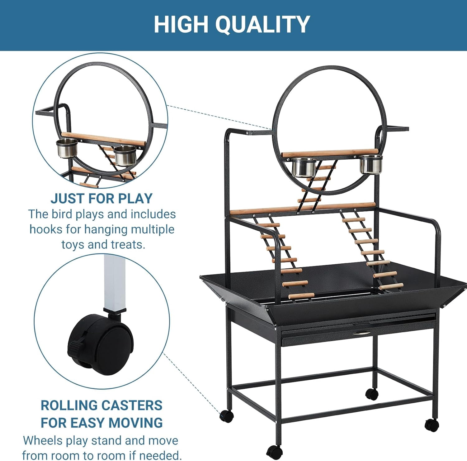 Lumiparty 66-inch Large Bird Playstand with Perches & Ladders, Indoor & Outdoor Activity Center for Parrots, Conures, Cockatiel, Removable Tray & Lockable Casters, Black