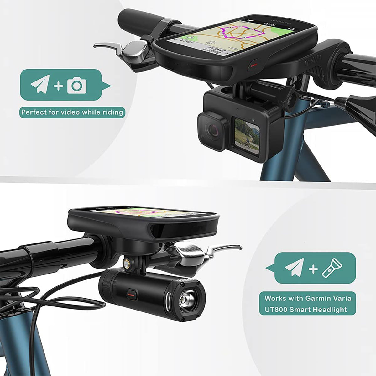 Varia UT800 XOSS G/G+ Cycling Handlebar 25.4mm 31.8mm Light Holder Camera Bracket TUSITA Flush Out Front Mount and Insert Compatible with Garmin Edge GPS Bike Computer Extended Mount Accessories