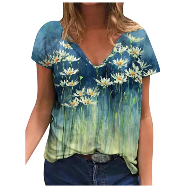 Moda Mujer Cuello en V Manga corta Impresión Jersey Blusas sueltas Tops Camiseta OAVQHLG3B Store lin121212