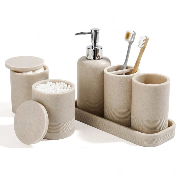 Bathroom Accessories Set 6Piece Bathroom Accessory Set Toothbrush Holders Set Soap Dispenser Vanity Tray Tumbler Cotton Swab Jars Bathroom Organizer For Modern Bathrooms Beige