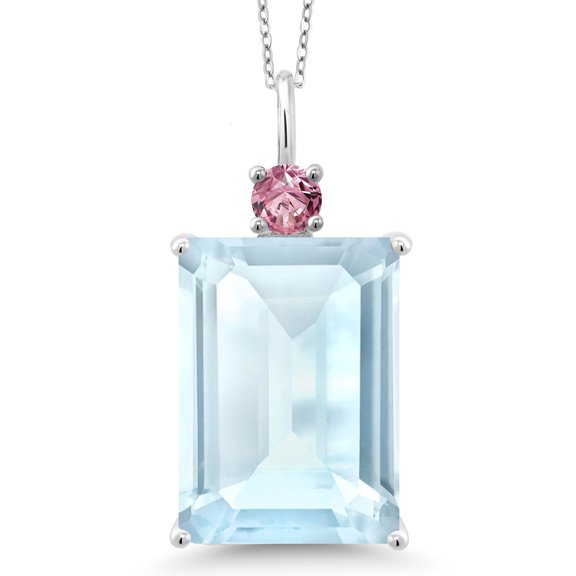Gem Stone King 925 Sterling Silver Sky Blue Topaz and Pink Lab Grown Diamond Pendant Necklace for Women (20.25 Cttw, Emerald Cut 18X13MM, With 18 inch Silver Chain)