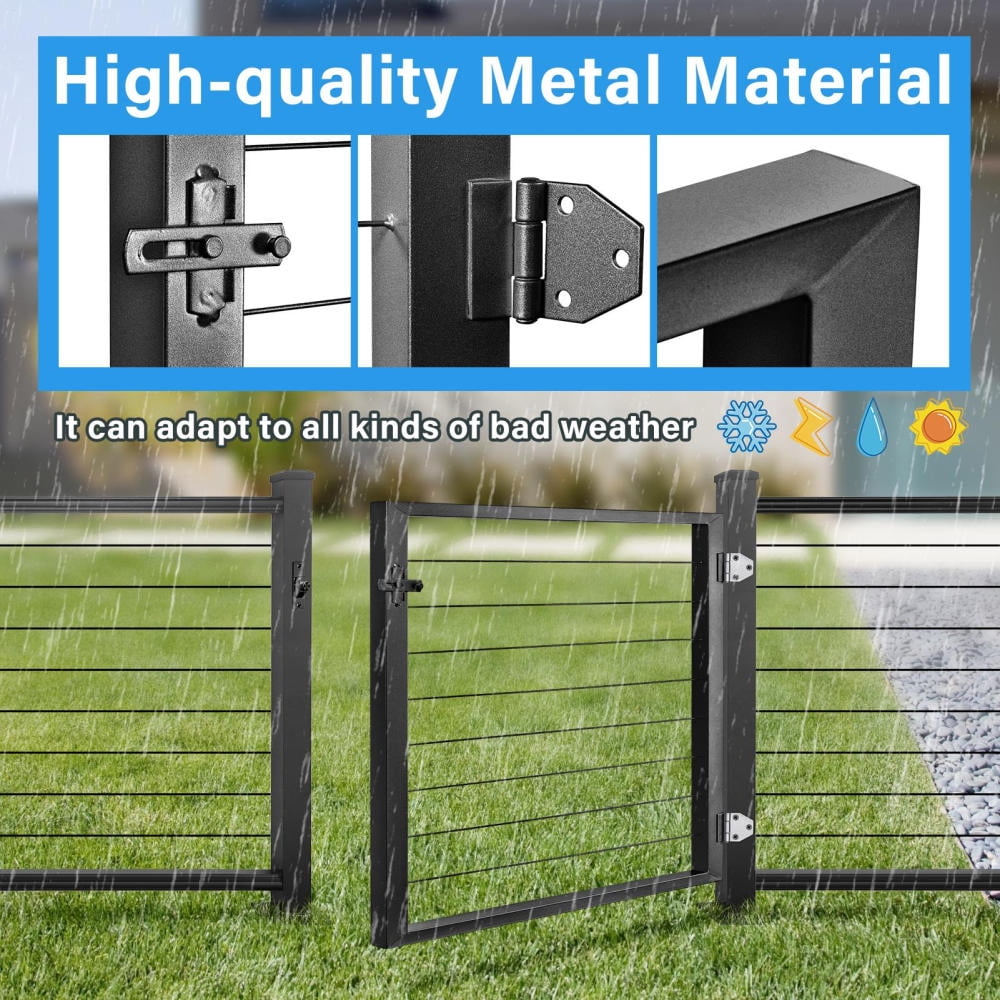 Metal Frame Outdoor Carbon Steel Railing Gate 36"x23" with Cable Design for Seaside Areas(Black)