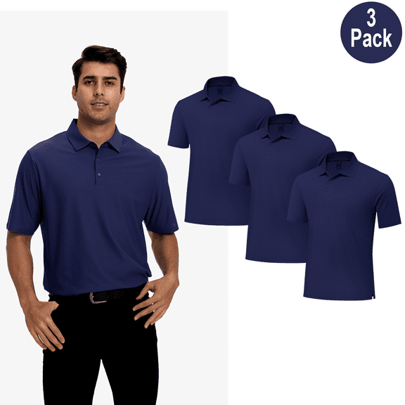 Zfeel Men’s Dry Fit Poly Polo Shirt, High Performance, Short Sleeve, Polyester, Navy, S, 3 Pack
