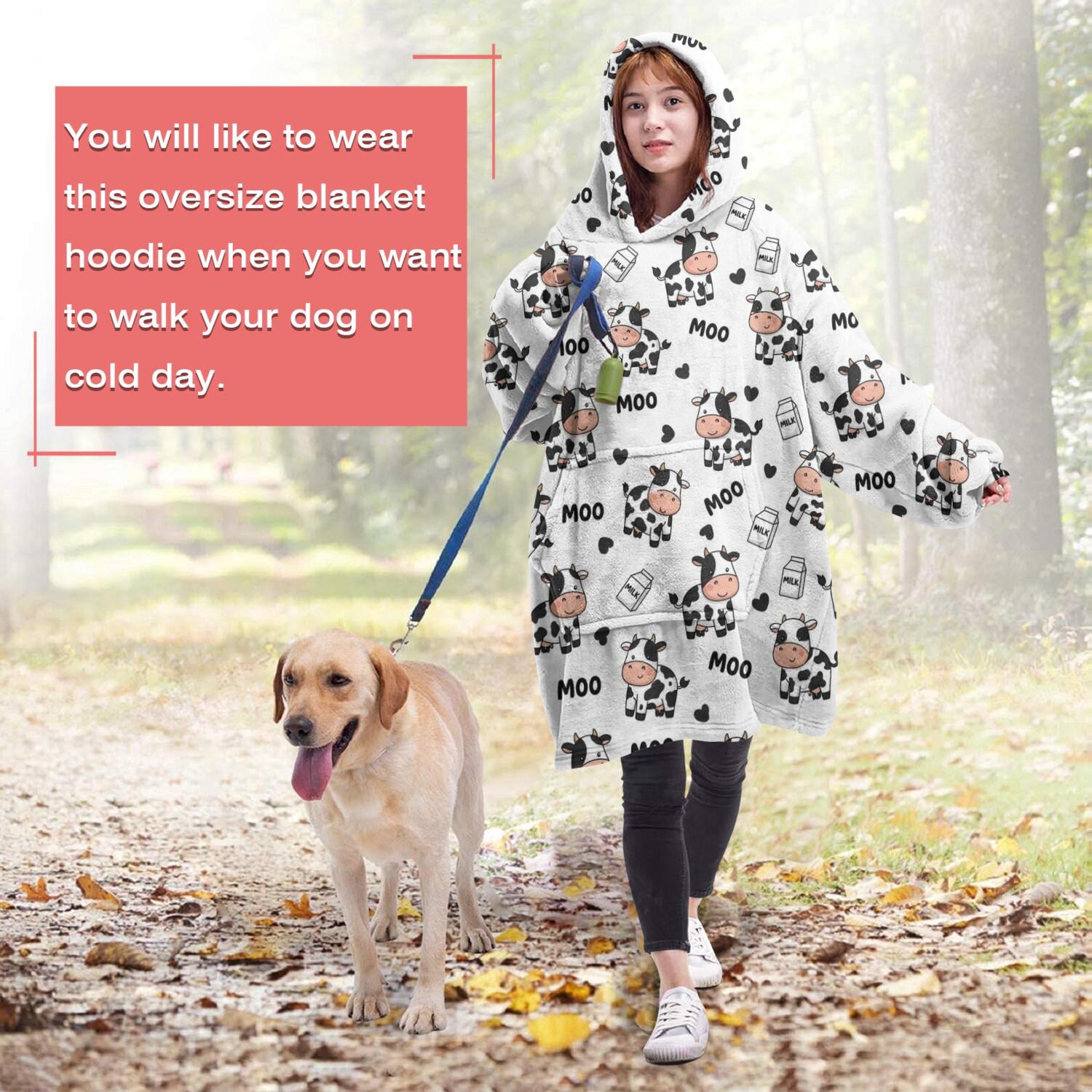 Wearable Oversized Blanket,White Cow Moo Pattern Wearable Blanket Hoodie for Adults,Cozy Hooded Blankets with Super Pockets,Super Warm Fuzzy Pullover for Women & Men