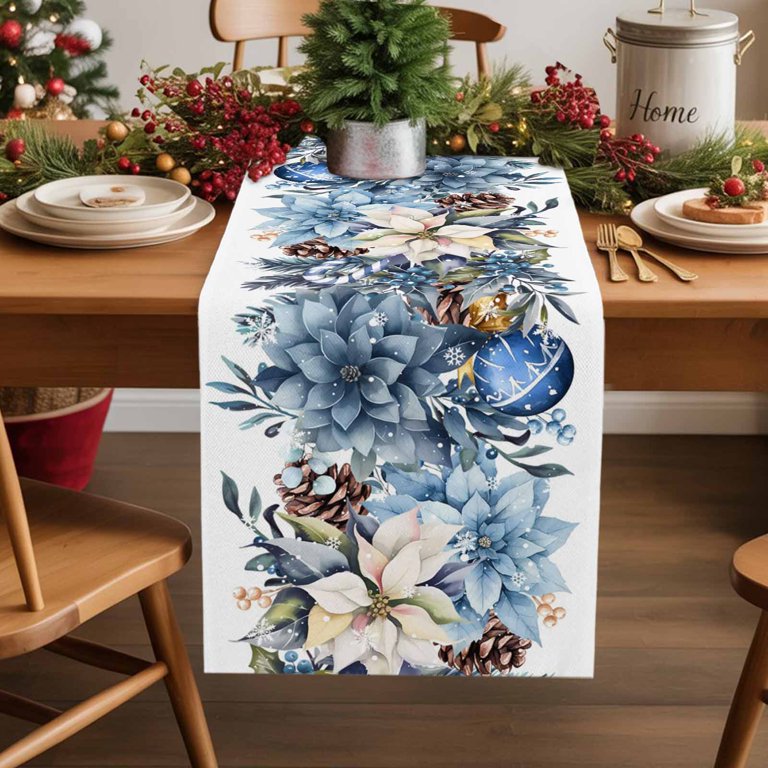 blue dresser scarf Blue Christmas Poinsettia Dresser Scarf Farmhouse, Dining Table Decorations for Wedding/Parties, Xmas Botanical Balls Snowflake Table Runner 36 Inches Long for Kitchen Dining, 13 x 36 In
