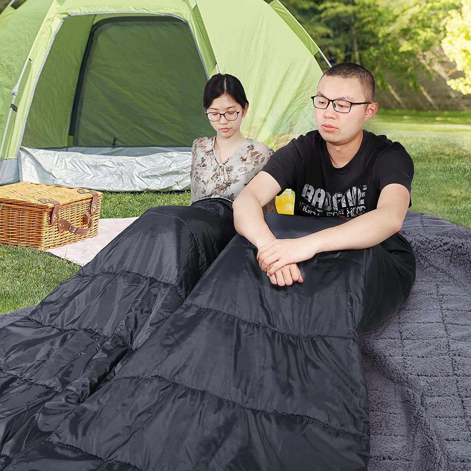 REDCAMP Cotton Double Sleeping Bag for Adults, 2 Person Cold Weather Queen Size Flannel Sleeping Bags for Camping, Black/Navy Blue