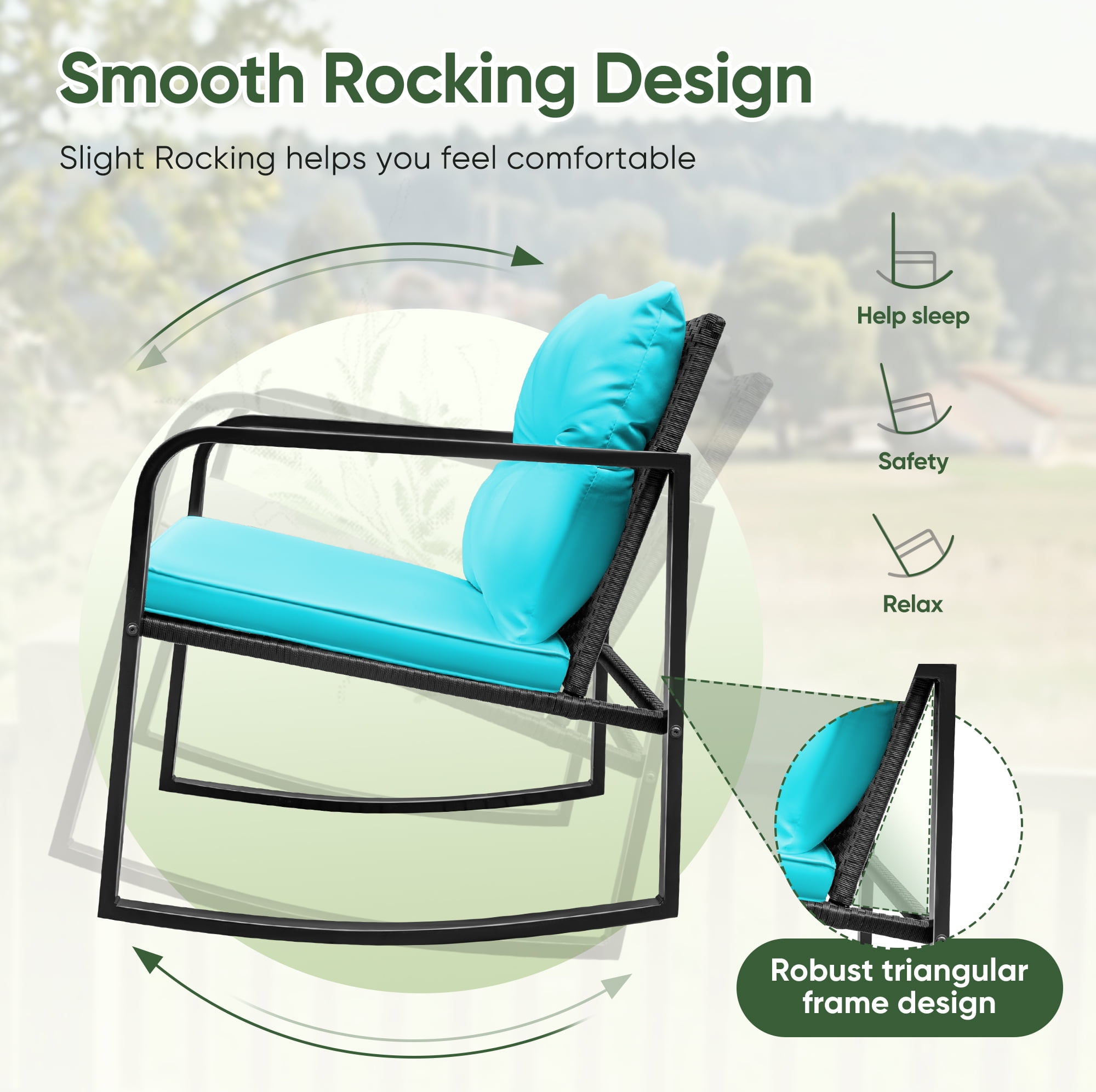 Devoko 3 Pieces Rocking Patio Furniture Sets Outdoor Rocking Chair PE Rattan Bistro Rocker Conversation Sets with Coffee Table for Garden,Blue