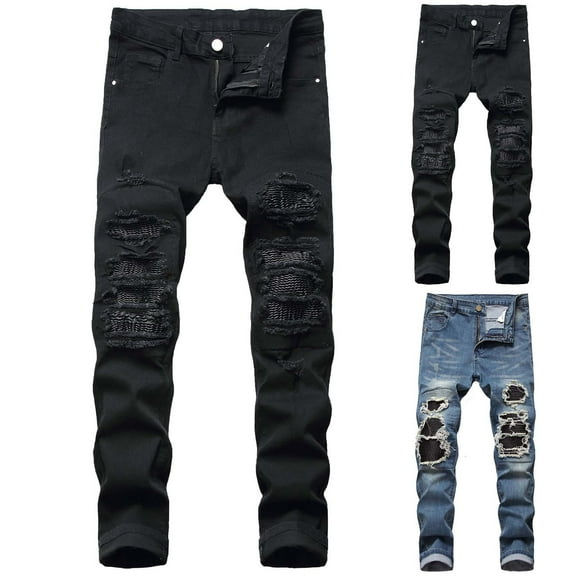 Miluxas Men's Ripped Skinny Stretch Distressed Destroyed Slim Jeans Denim Pants Casual Cotton Straight Ripped Hole Trousers Blue