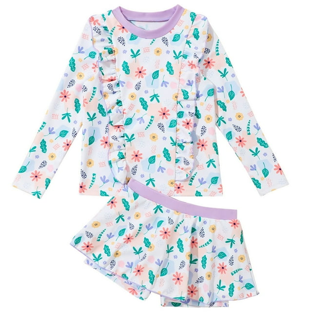 Toddler Little Kids Bathing Beach Suits Long Sleeved 2 Pieces Swimsuit Rash Guard Long Sleeve Flower Print Separate Swimwear Set Spring Swimsuits Clothes 8-9T