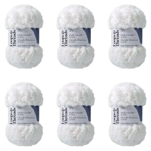 Loops & Threads Fluffy Chenille Yarn - Jumbo (7) 100% Polyester, Soft Fuzzy Yarn for Knitting & Crochet Blankets, Hats, Plushies & Sweaters, 23 yd / 10.58 oz Skein, 6 Pack