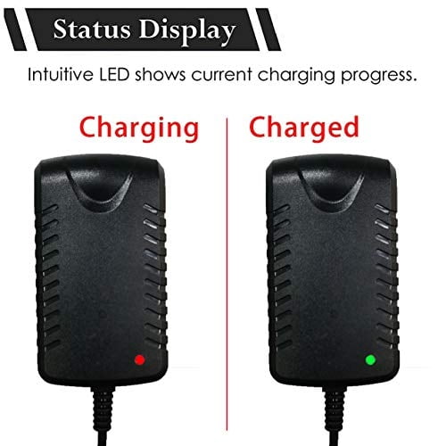 cargador de 12 v kavcent para niños ride on car toys cargador de batería de 12 voltios multicolor, vista frontal de dos cargadores negros rectangulares con ranuras laterales; LED rojo en el ejemplar izquierdo muestra carga y LED verde en el derecho indica cargado; cable sale por la base.