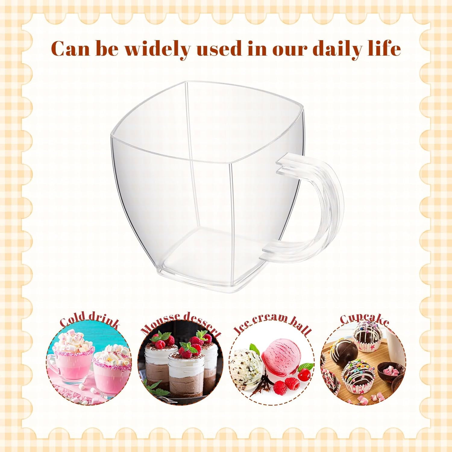 100 Pcs 5 oz Disposable Tea Cups Bulk Mini Plastic Tea Cup Bulk with Handle Hard Coffee Mug Reusable Square Espresso Mugs for Party Wedding (Clear)