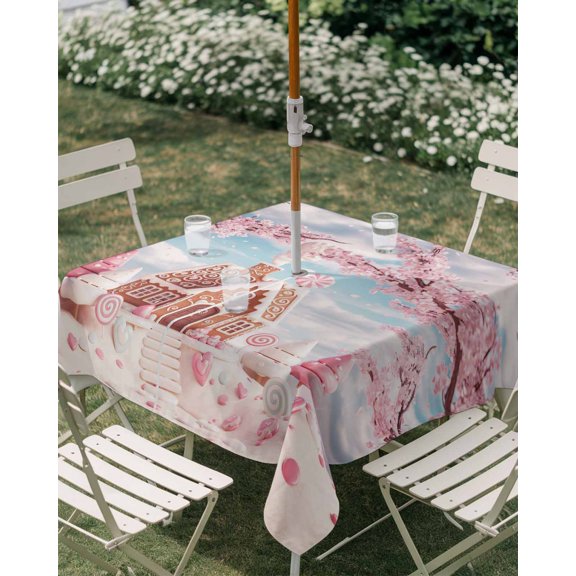 Outdoor Tablecloth with Umbrella Hole, Dreamy Christmas Tree Wooden House Zippered Table Cloth for Rectangle Tables, Winter Pink Flower Washable Waterproof Tablecloths for Picnic Patio Garden
