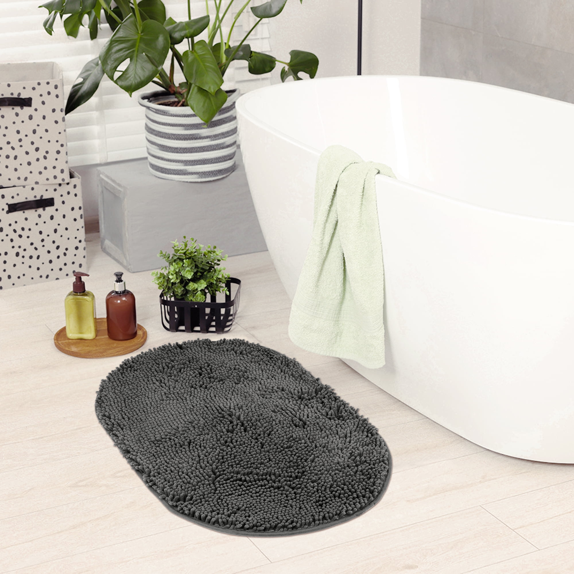 Unique Bargains 2 Pcs Oval Plush Mat Non Slip Washable Rug Grey 20" x 32"