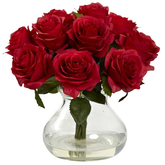 Nearly Natural Rose Arrangement Artificial Flowers with Vase, Red