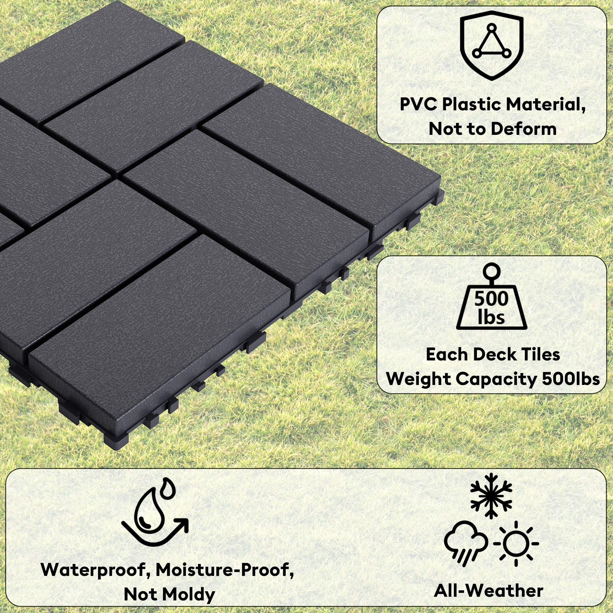 Miniyam 44 Pcs Interlocking Deck Tiles, 12" x 12", Polypropylene, for Outdoor Balcony Garden Gray