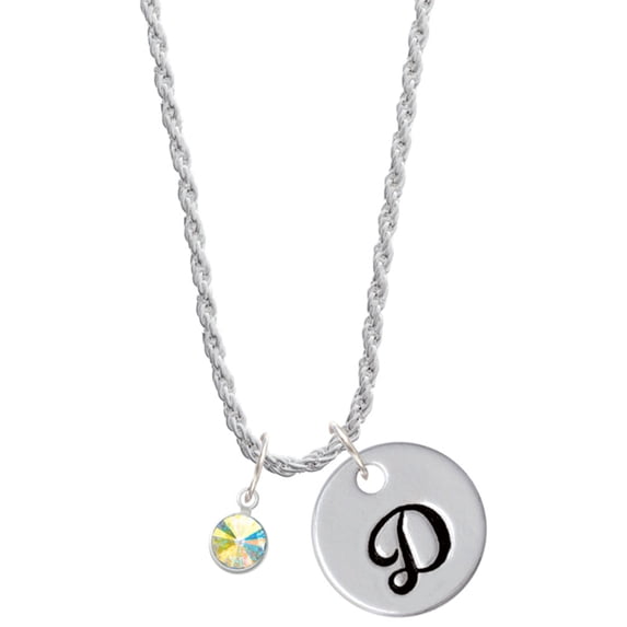 Delight Jewelry Crystal Clear AB Channel Drop Silvertone Script Initial Disc - D - Charm Necklace, 20"+3"