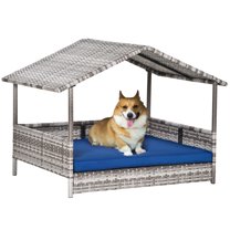 Dark Blue Rattan Dog House with Canopy for Small and Medium Dogs Sturdy and Cozy Outdoor Shelter