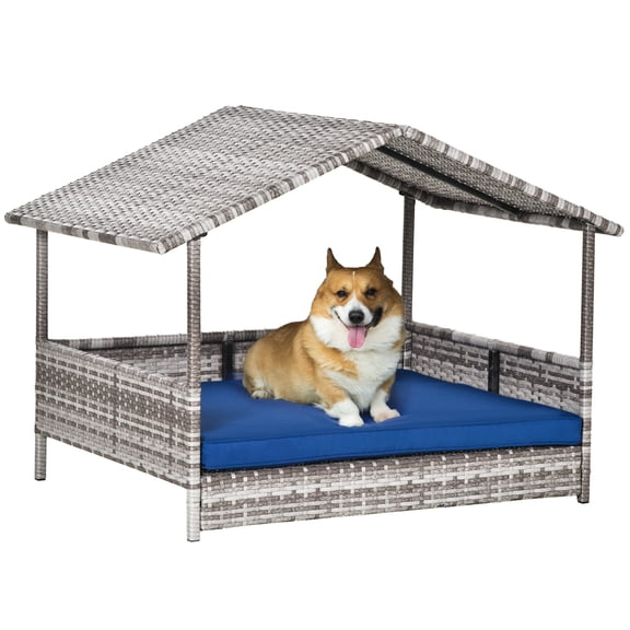 Dark Blue Rattan Dog House with Canopy for Small and Medium Dogs Sturdy and Cozy Outdoor Shelter