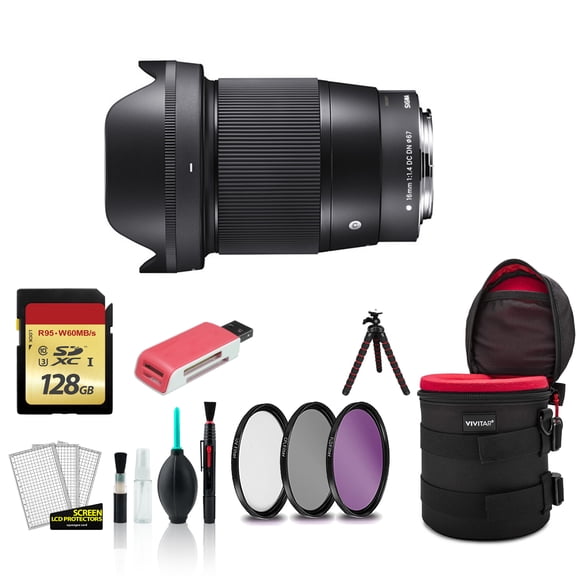 Sigma 16mm Contemporary Lens f/1.4 DC DN for Sony E 402965 with 128GB Memory Card   Padded Case   More