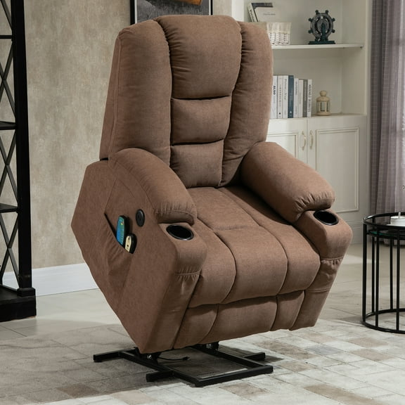 MEETWARM Power Lift Chair Electric Recliner for Elderly Heated Vibration Massage Soft Fabric Recliner Chair with 2 Remote Controls, USB Ports, Cup Holders & Side Pockets for Living Room (Coffee)