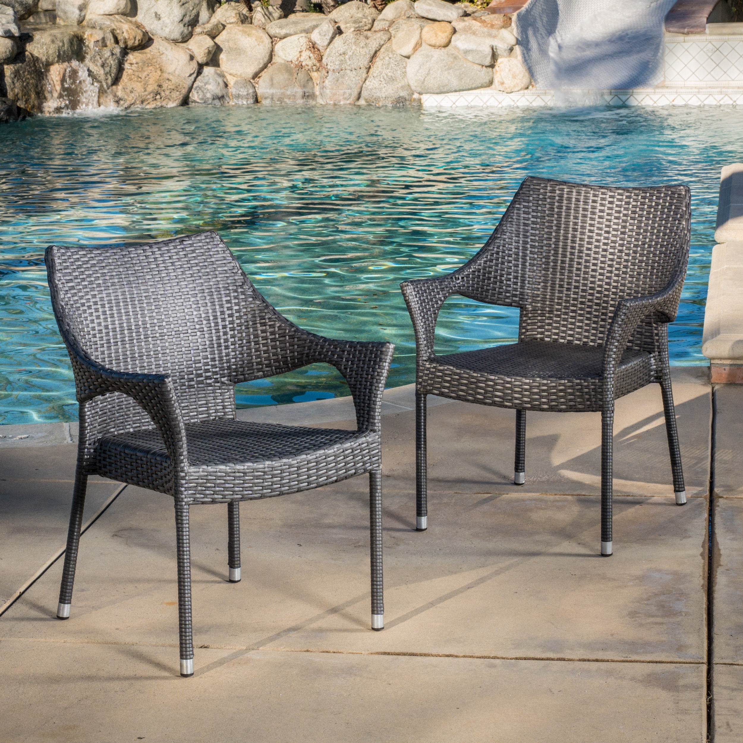 Noble House Outdoor Dining Chair Stackable Iron Wicker Multi Brown Set of 2 