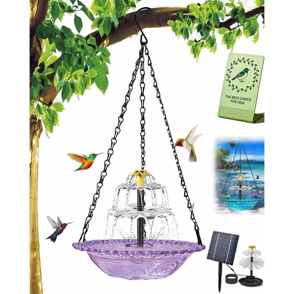 Hanging Bird Bath Fountain 3 Layers, 9.84''W Cascade Glass Water Bowl with Solar Powered Pump, Birdbath Attracts Hummingbirds & Garden Birds for Outdoors Garden Patio Backyard Lawn Decor