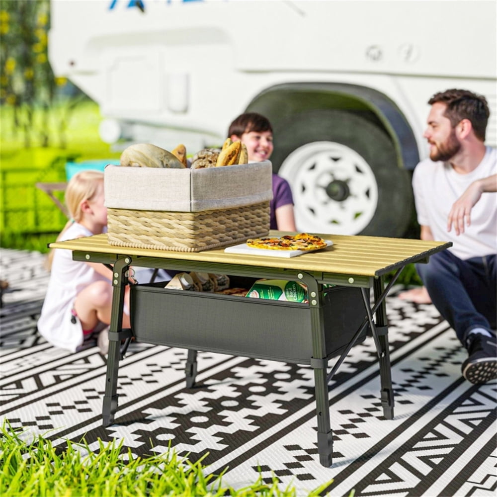 Adjustable Height Camping Table with Oxford Storage Basket, Lightweight Aluminum Alloy Frame, Foldable Portable Outdoor Table with Carry Bag for Camping Picnic